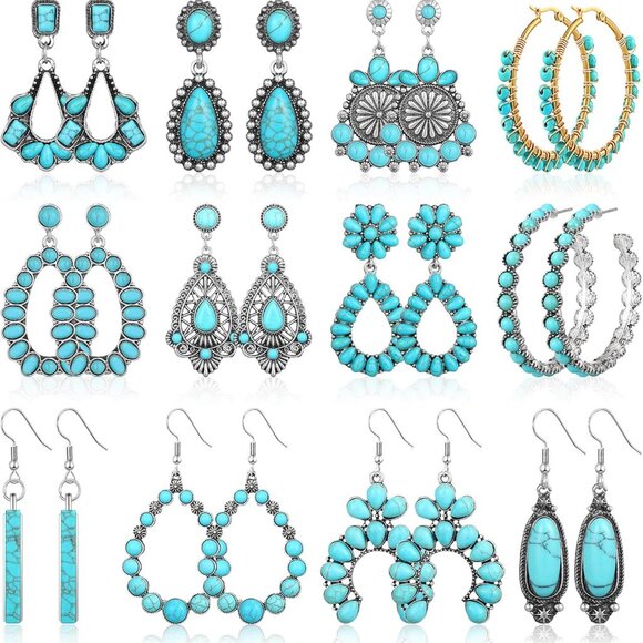 Jewelry - 12 Pairs Turquoise Earrings Set Boho Dangle Studs for Women Stylish Jewelry